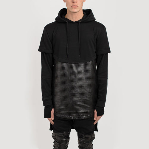 Grid Leather Layered Hoody-Black