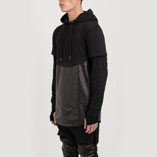 Grid Leather Layered Hoody-Black