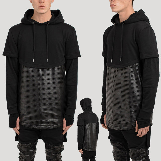 Grid Leather Layered Hoody-Black