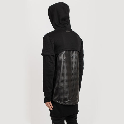Grid Leather Layered Hoody-Black