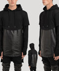 Grid Leather Layered Hoody-Black